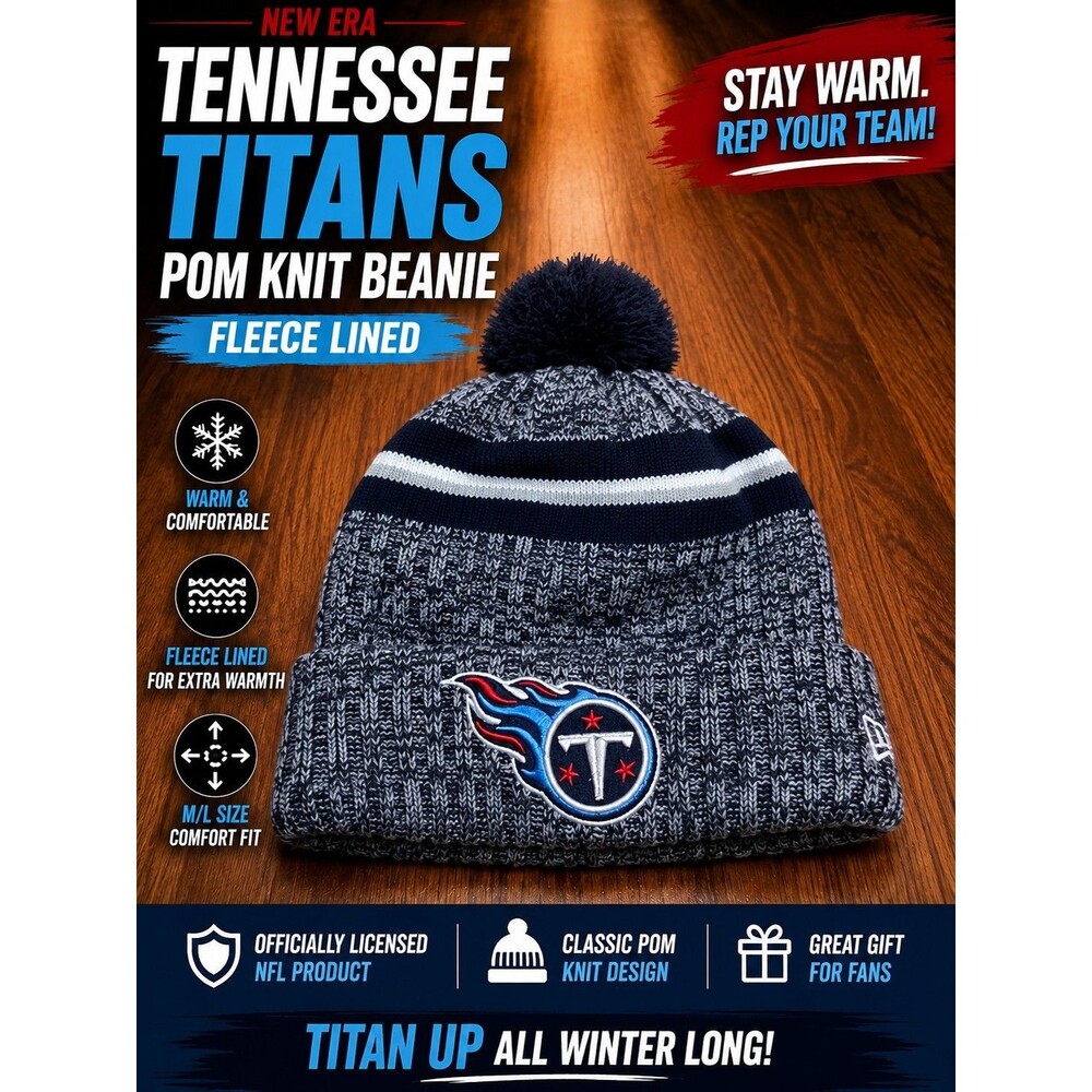 New Era Tennessee Titans NFL Gray Navy Pom Knit Beanie Hat Fleece Lined M/L - Picture 1 of 3